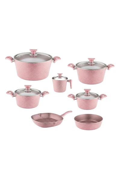 ARZU ÇELİK 12 Parça Granit Set Cam Kapak - Pembe - Resim 9