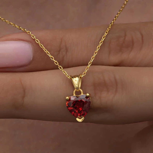 Norino 925 Ayar Gümüş Gold Kırmızı Taşlı Kalpli Kadın Kolye ürün görseli 1