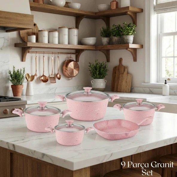 ARZU ÇELİK 9 Parça Granit Set Cam Kapak - Pembe ürün görseli 1