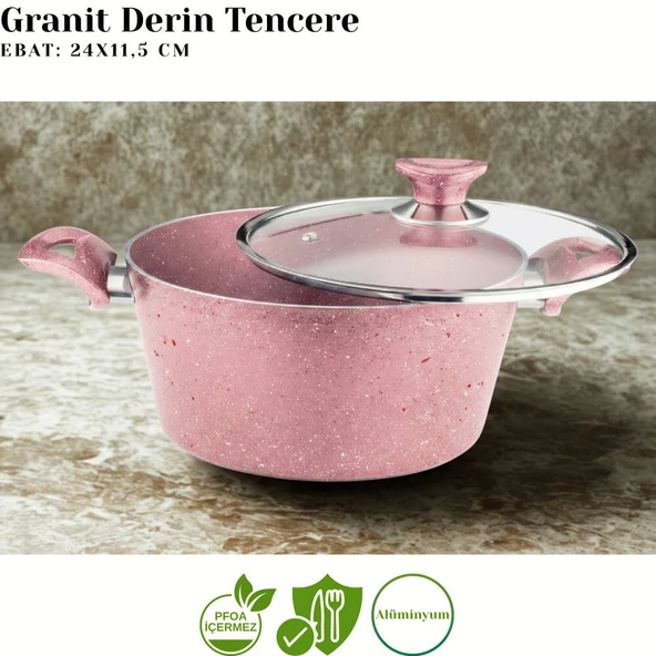 ARZU ÇELİK 12 Parça Granit Set Cam Kapak - Pembe - Resim 3