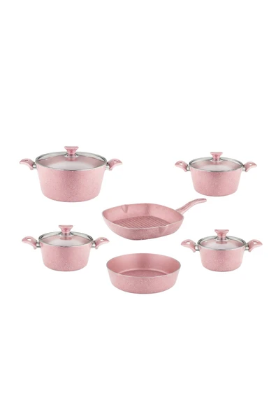 ARZU ÇELİK 10 Parça Granit Set Cam Kapak - Pembe - Resim 8