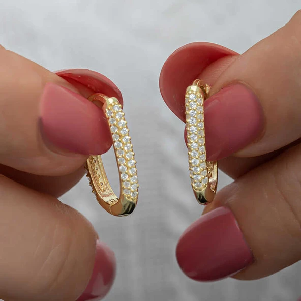 Norino Gümüş Gold Çift Sıra Beyaz Taşlı J Kadın Küpe ürün görseli 1