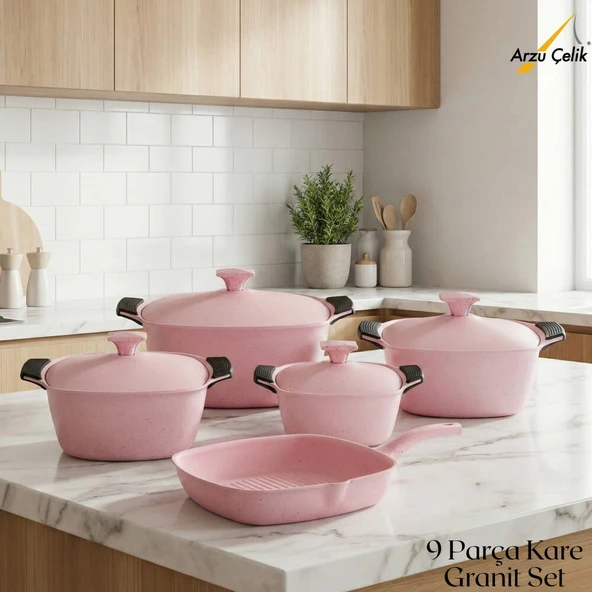 KATRE 9 Parça Kare Granit Set Alüminyum Kapak - Pembe ürün görseli 1