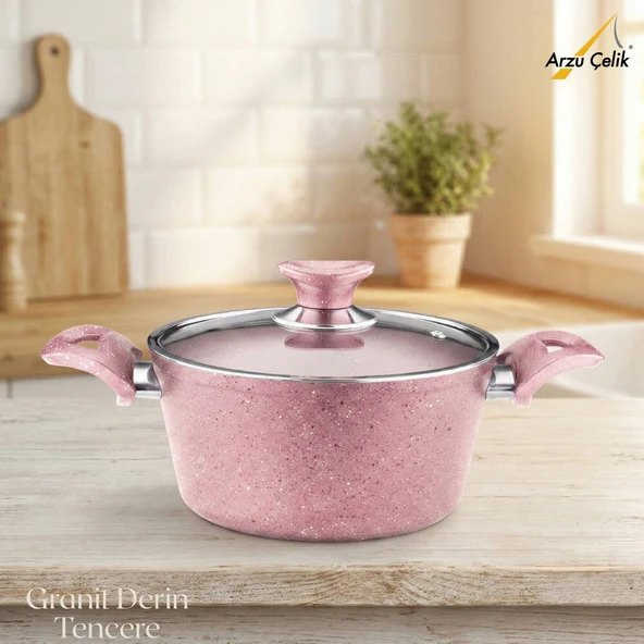 ARZU ÇELİK 24 Cm Granit Derin Tencere Cam Kapak - Pembe ürün görseli 1