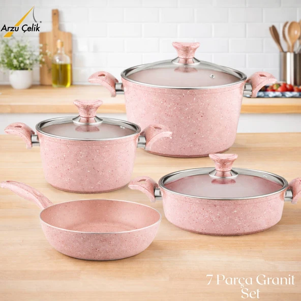 ARZU ÇELİK 7 Parça Granit Set Cam Kapak - Pembe ürün görseli 1