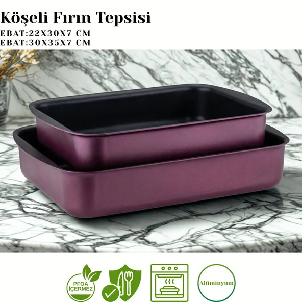 ARZU ÇELİK 2li Granit Köşeli Tepsi Seti - Mürdüm - Resim 2