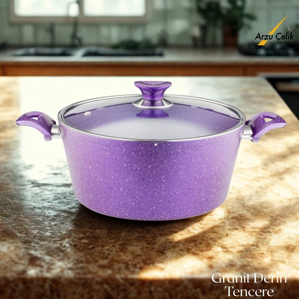 ARZU ÇELİK 28 Cm Granit Derin Tencere Cam Kapak - Violet ürün görseli 1