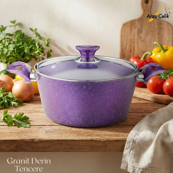 ARZU ÇELİK 24 Cm Granit Derin Tencere Cam Kapak - Violet ürün görseli 1