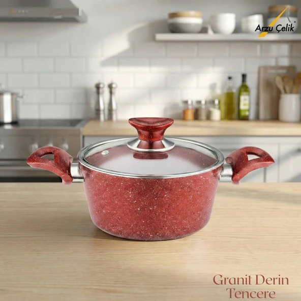 ARZU ÇELİK 20 Cm Granit Derin Tencere Cam Kapak - Kırmızı ürün görseli 1