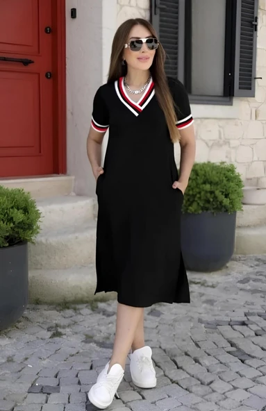 Vexor Kadın Kısa Kollu V Yaka Ribana Detay Midiboy Viskon Elbise ürün görseli 1
