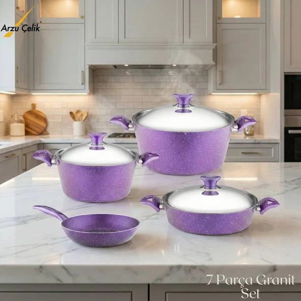 ARZU ÇELİK 7 Parça Granit Set Çelik Kapak - Violet ürün görseli 1