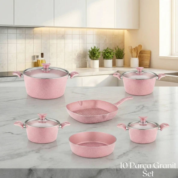 ARZU ÇELİK 10 Parça Granit Set Cam Kapak - Pembe ürün görseli 1