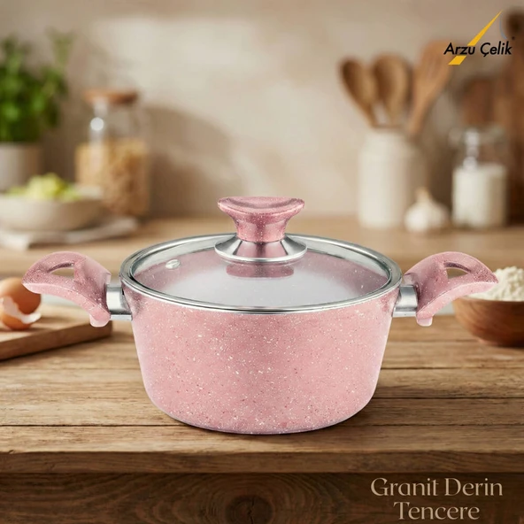 ARZU ÇELİK 18 Cm Granit Derin Tencere Cam Kapak - Pembe ürün görseli 1