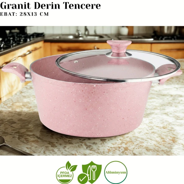 ARZU ÇELİK 9 Parça Granit Set Cam Kapak - Pembe - Resim 2