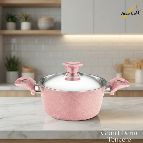ARZU ÇELİK 18 Cm Granit Derin Tencere Çelik Kapak - Pembe ürün görseli 1