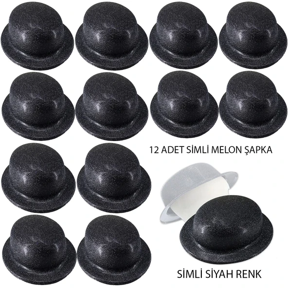 Norino Siyah Renk Simli Melon Yuvarlak Parti Şapkası 12 Adet ürün görseli 1