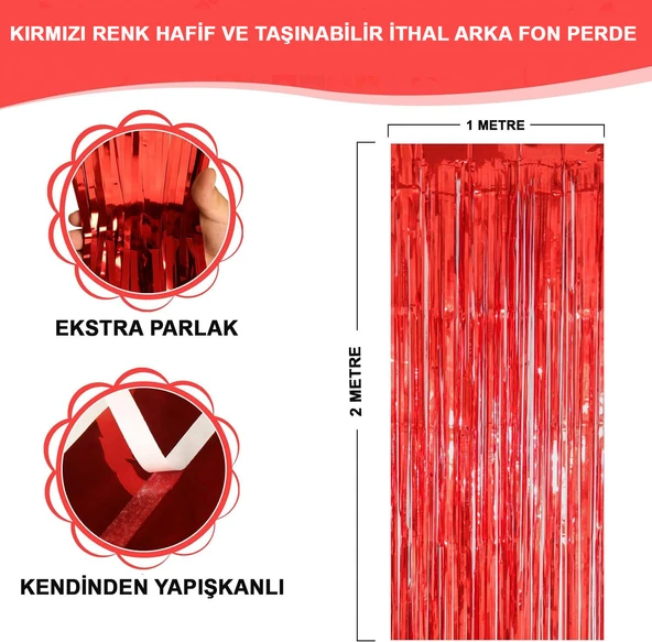 Norino Kırmızı Renk Ekstra Metalize Parlak Saçaklı Arka Fon Perde İthal A Kalite 1x2 Metre ürün görseli 1