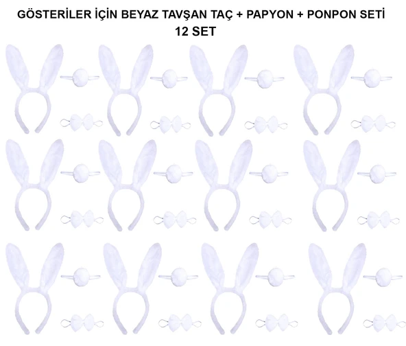 Norino Beyaz Tavşan Kostüm Seti – Taç, Papyon, Kuyruk (12’li Paket) ürün görseli 1