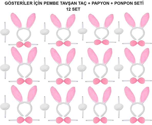 Norino Pembe Tavşan Kostüm Seti – Taç, Papyon, Ponpon (12’li Paket) ürün görseli 1