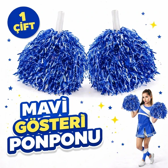 Norino 1 Çift ( 2 Adet ) Mavi Renk 23 Nisan 19 Mayıs 29 Ekim Okul Gösteri Ponponları Ekstra Dolgun ürün görseli 1