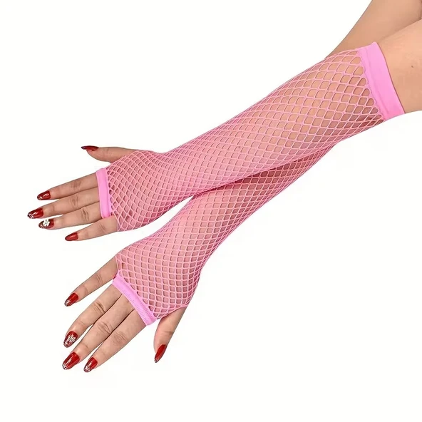 Norino 80’ler 90’lar Retro Neon Pembe File Parmaksız Eldiven 26 cm ürün görseli 1