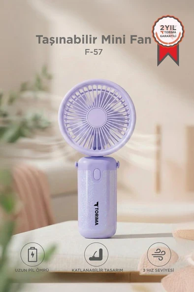 Şarjlı El Vantilatörü Masaüstü Stantlı 3 Kademeli Taşınabilir Mini Fan F57 Mor ürün görseli 1