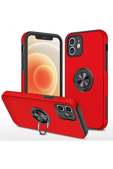 Newface Apple iPhone 12 Kılıf Elit Yüzüklü Kapak - Kırmızı ürün görseli 1