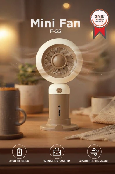 Şarjlı El Vantilatörü Telefon Standlı 3 Kademeli Masaüstü Taşınabilir Fan F55 Kahverengi ürün görseli 1