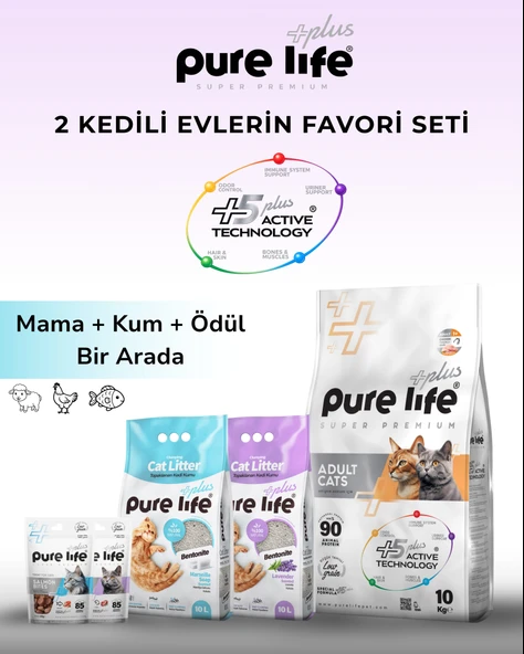 PureLife Plus 2 Kedili Evler İçin Ekonomik Set 10 Kg Tavuklu Yetişkin Mama 20LT Kum & 2 Ödül Maması ürün görseli 1
