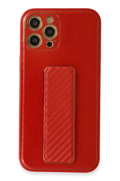 Newface Apple iPhone 12 Pro Kılıf Coco Karbon Standlı Kapak - Kırmızı ürün görseli 1