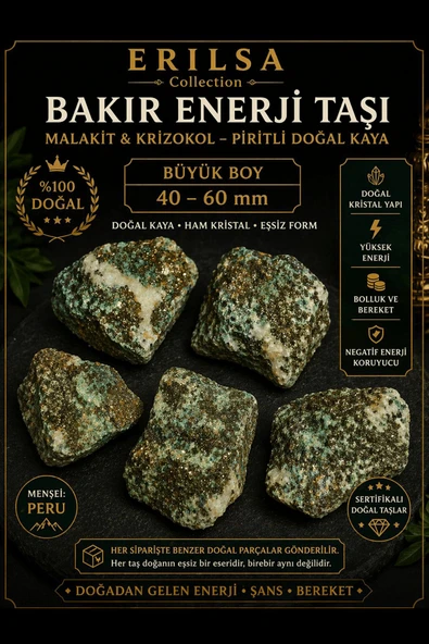 Sertifikalı Bakır Enerji Taşı Kütle - Malakit Krizokol Piritli Doğal Kaya 60-80 mm Büyük Boy ürün görseli 1