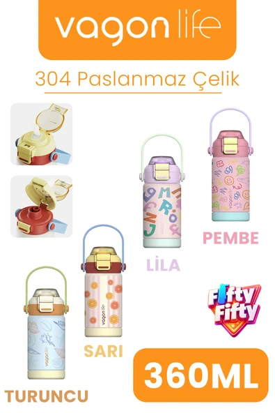 360 ML Çocuk Termosu Tek Kapak Çift Kullanım Pipetli Rahat İçim Kulplu Paslanmaz Çelik Termos 1104-360ML ürün görseli 1
