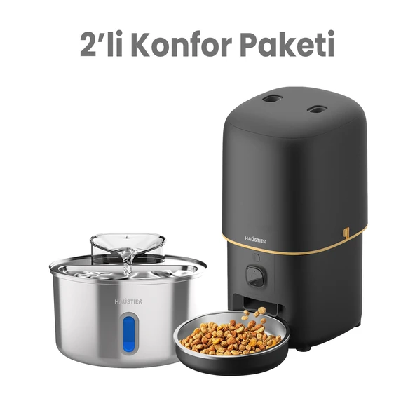 Haustier HST-PF05 Siyah Akıllı Mama Kabı, HST-WF009L-W Kedi Su Sebili 2 li Kameralı Set Haustier Türkiye Garantili ürün görseli 1