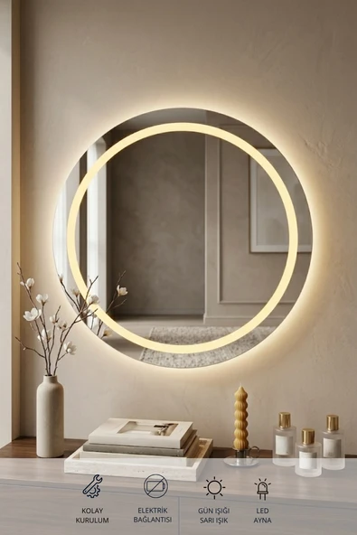 60 Cm Kumlamalı Led Ayna, Banyo, Antre, Salon, Dekoratif Gün ışığı Duvar Aynası ürün görseli 1