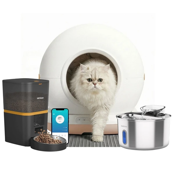 Haustier CB002 Bej Kameralı Kedi Tuvaleti + QQ009 Siyah Kameralı Mama Kabı + WF009LS-W Kedi Su Pınarı 3’lü Set (Türkiye Garantili) ürün görseli 1