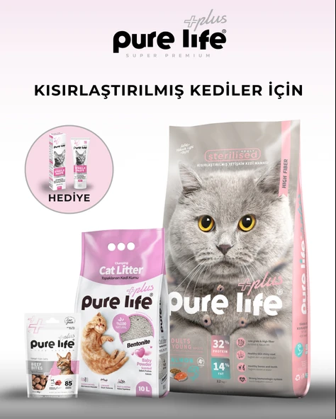 Pure Life Plus Kısırlaştırılmış Kediler İçin Set 12 Kg Mama 10LT Kum + Ödül Macun Hediyeli ürün görseli 1