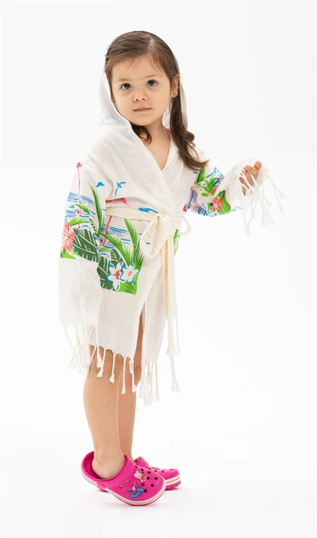 Bambu Baskılı Flamingo Desen Çocuk Bornoz Krem Krm ürün görseli 1