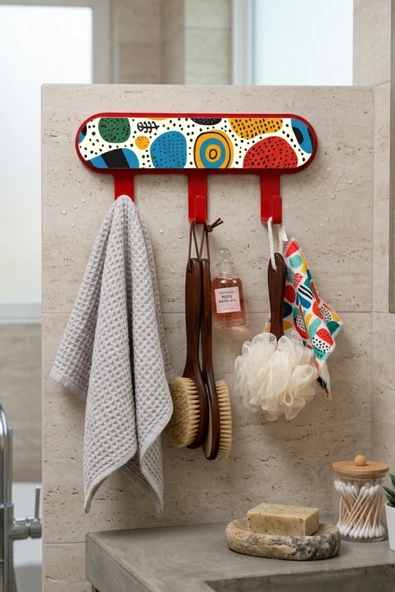 İronika Metal 3 Kancalı Yapışkanlı Desenli Anahtarlık Banyo Mutfak Havlu Askısı Kırmızı ürün görseli 1