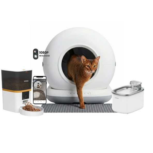 Haustier HST-CB002-Gri Akıllı Otomatik Kedi Tuvaleti, HST-QQ005 Beyaz Akıllı Mama Kabı , HST-WF007L Beyaz Kedi Su Sebili 3 lü Set Haustier Türkiye Garantili ürün görseli 1