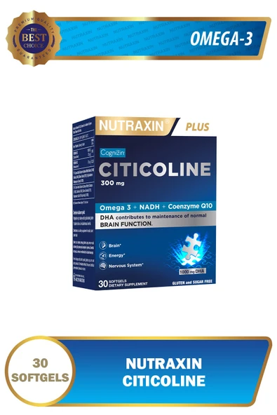 Nutraxin Citicoline 300 mg 30 Softgel – Omega 3, DHA, EPA, Koenzim Q10, B6 B12 İçeren Takviye Sitikolin ürün görseli 1