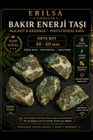 Sertifikalı Doğal Bakır Enerji Taşı Kütle - Malakit Krizokol Piritli Kaya 40-60 mm Orta Boy ürün görseli 1