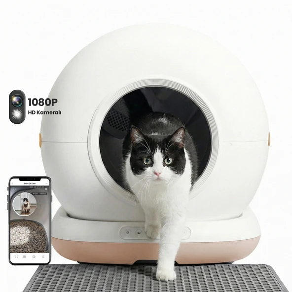 Haustier CB002 Bej Kameralı Akıllı Otomatik Kedi Tuvaleti, APP ile Uzaktan Kontrol, 72lt Hazne, 7lt Çöp haznesi ürün görseli 1