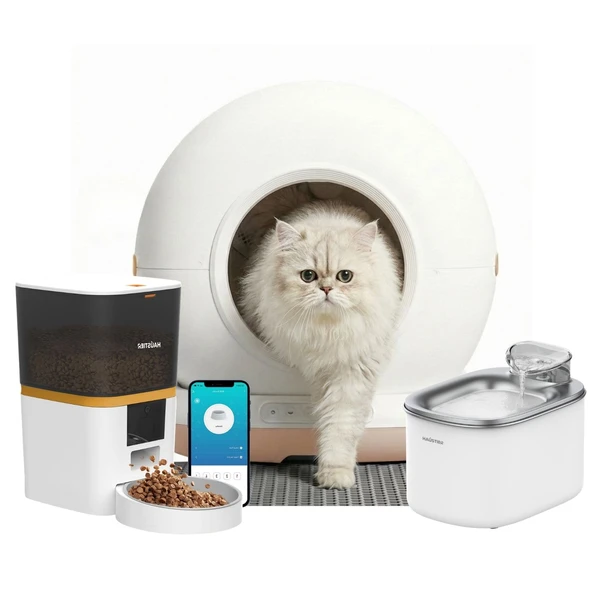 Haustier CB002 Bej Kameralı Kedi Tuvaleti + QQ003 Beyaz Mama Kabı + WF007L Beyaz Kedi Su Pınarı 3’lü Set ürün görseli 1