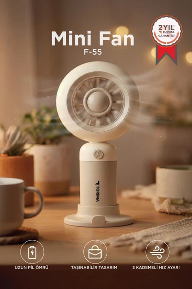 Şarjlı El Vantilatörü Telefon Standlı 3 Kademeli Masaüstü Taşınabilir Fan F55 Krem ürün görseli 1