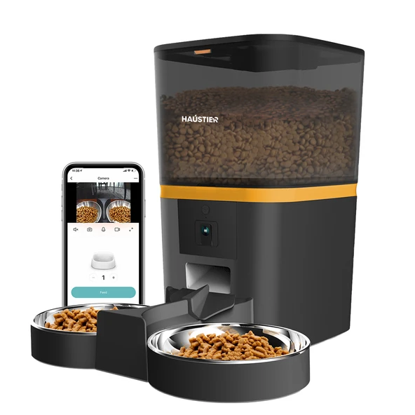 Haustier QQ005-Dual Siyah Kameralı Akıllı Kedi Köpek Otomatik Mama Kabı, App Uzaktan Kontrol, Sesle Çağırma, 480P Kamera, 6lt Hazne, Çift Metal Kase ürün görseli 1