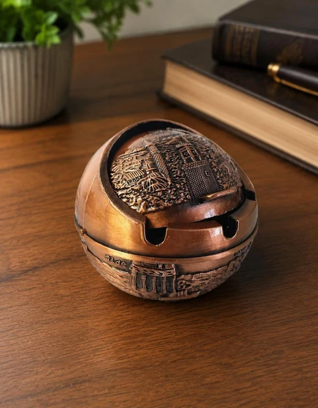Kapaklı Metal Küllük Açılır Kapanır Dekoratif Masa Üstü Küllük Vintage Bakır 7.5 Cm ürün görseli 1
