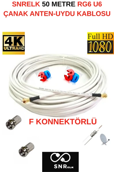 SNRELK  50 METRE F KONNEKTÖRLÜ 48 TEL RG6 U6 FULL HD 3D 4K ANTEN-TV-ÇANAK-LNB KABLOSU ürün görseli 1