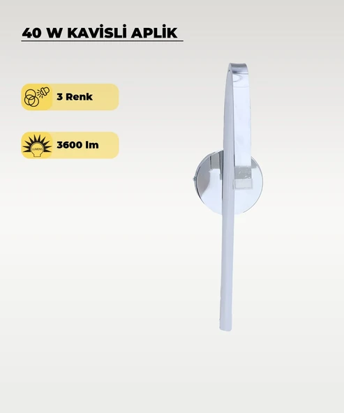 40W LED Kavisli Aplik – 3 Renk Işık (Sarı/Beyaz/Gün Işığı) Krom Modern Duvar Aydınlatması ürün görseli 1