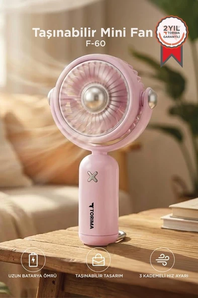 Şarjlı El Vantilatörü Hareketli Başlıklı 3 Kademeli Mini Taşınabilir Masa Fanı F60 Pembe ürün görseli 1