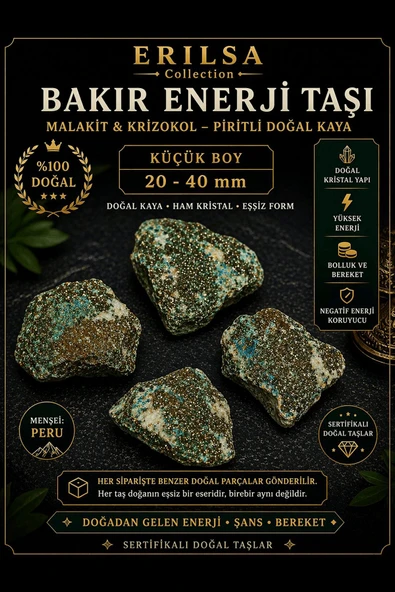 Sertifikalı Bakır Enerji Taşı Kütle - Malakit Krizokol Piritli Doğal Kaya 20-40 mm Küçük Boy ürün görseli 1